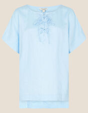 Tie Neck Top in Pure Linen, Blue (BLUE), large