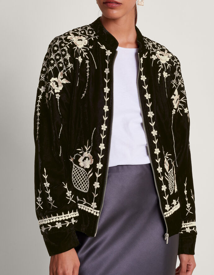 Hadley Embroidered Velvet Bomber Jacket Black