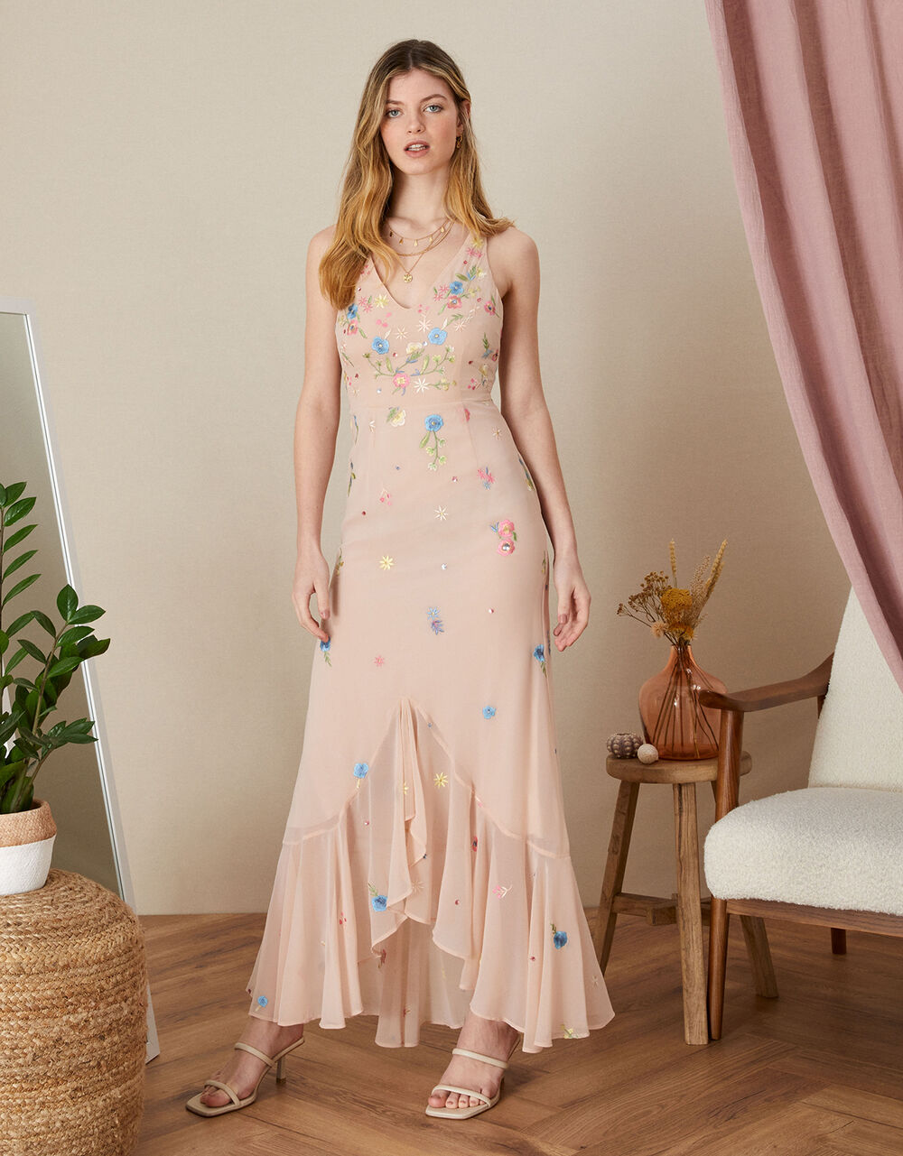 Women Dresses | Abigail Embroidered Frill Maxi Dress Nude - VN01553