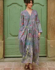 One Hundred Stars Boho Garden Print Maxi Dress, Grey (GREY), large
