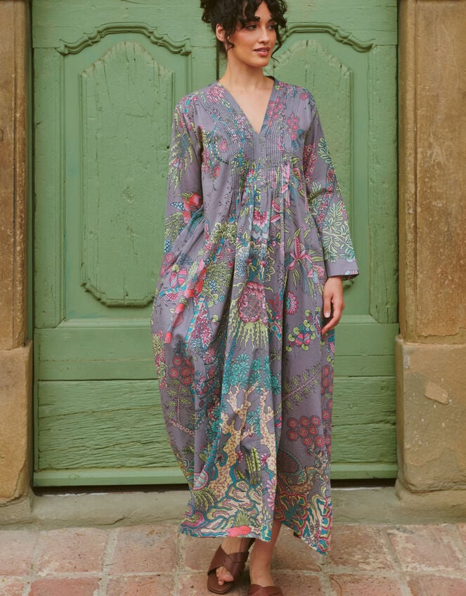 One Hundred Stars Boho Garden Print Maxi Dress, Grey (GREY), large