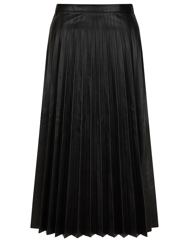 Pleated Leather-Look Midi Skirt, Black (BLACK), large