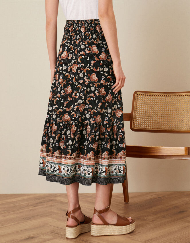 Caprice Shirred Waist Floral Skirt, Black (BLACK), large