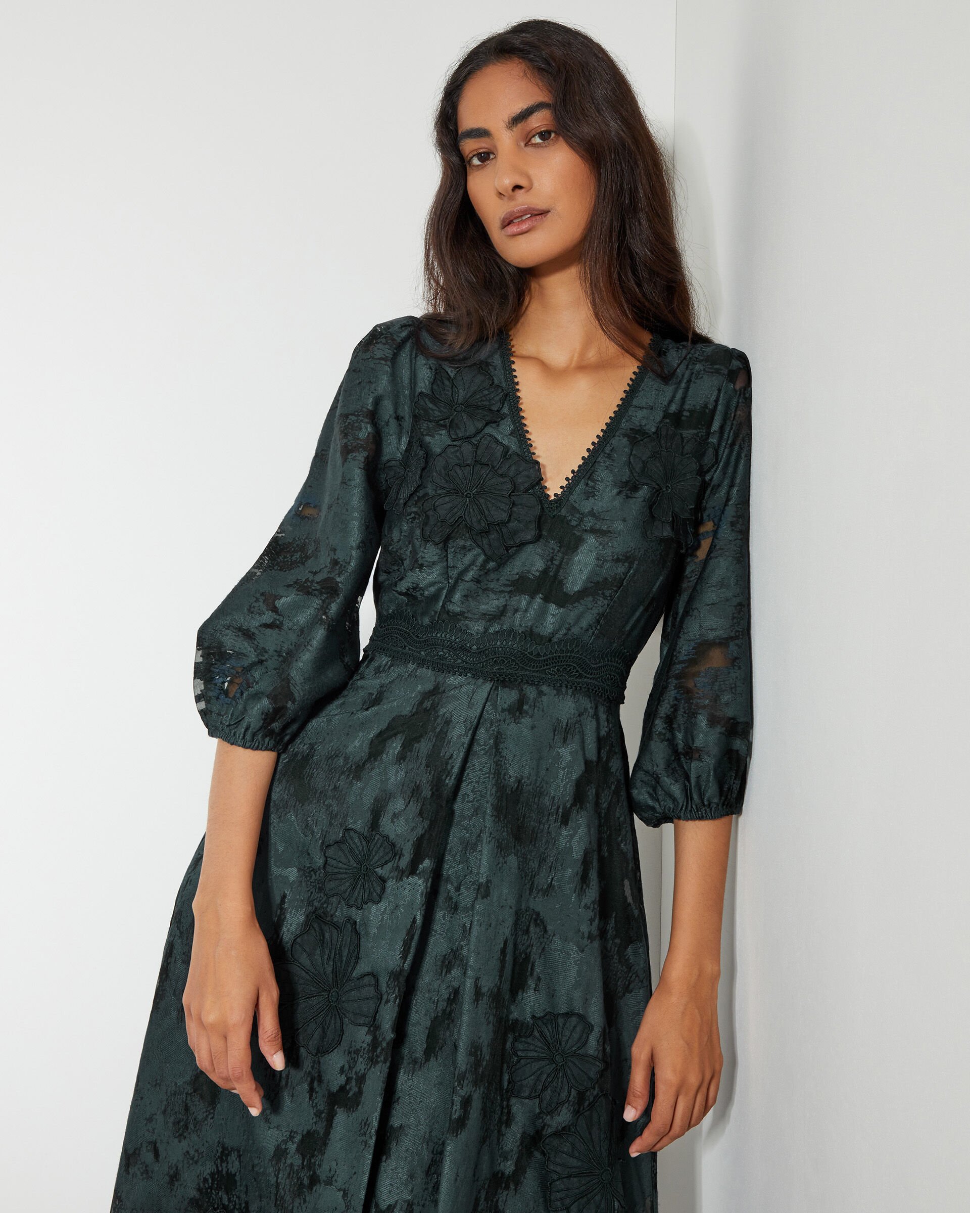 Joanna wrap lace batwing midi dress emerald green top