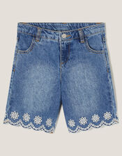 Broderie Scalloped Denim Shorts, Blue (BLUE), large