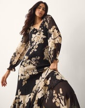 Rowena Floral Print Ruffle Maxi Dress, Black (BLACK), large