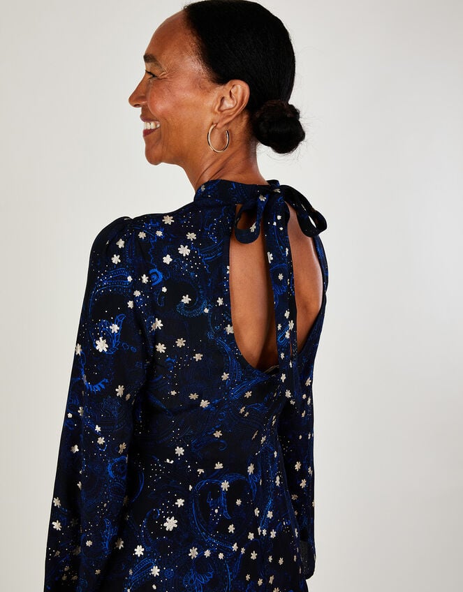 Astrid Foil Print Midi Dress in Sustainable Viscose, Blue (COBALT), large