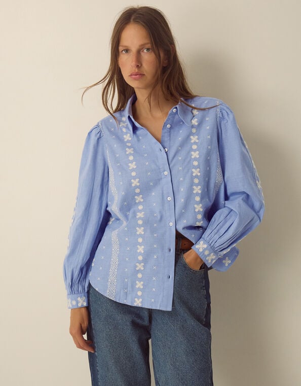 Felicity Long Sleeve Embroidered Cotton Shirt, Blue (BLUE), large