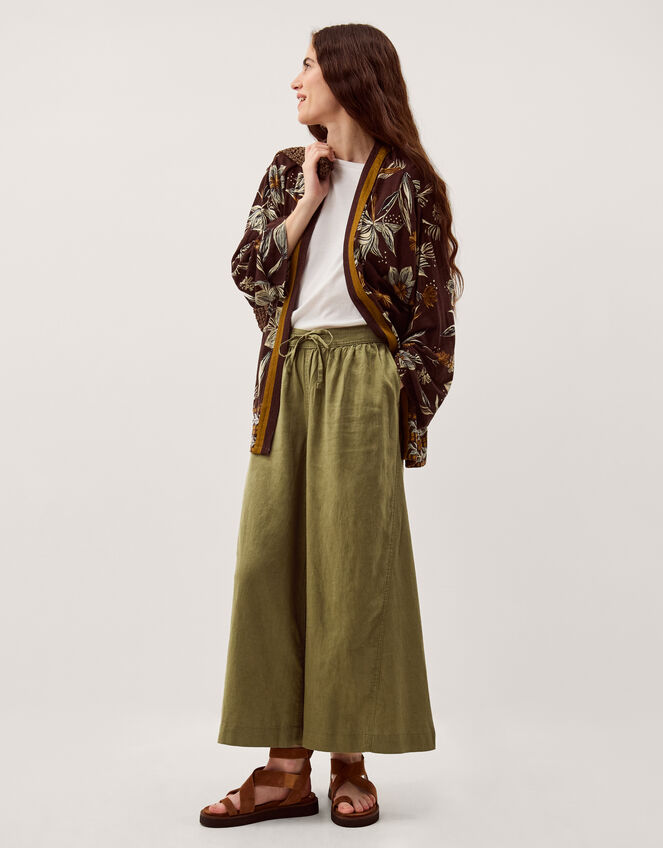 Maisie Linen Blend Cropped Wide Leg Trousers, Green (KHAKI), large