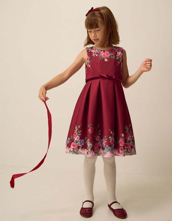Floral Print Pleated Party Dress, Red (BURGUNDY), large