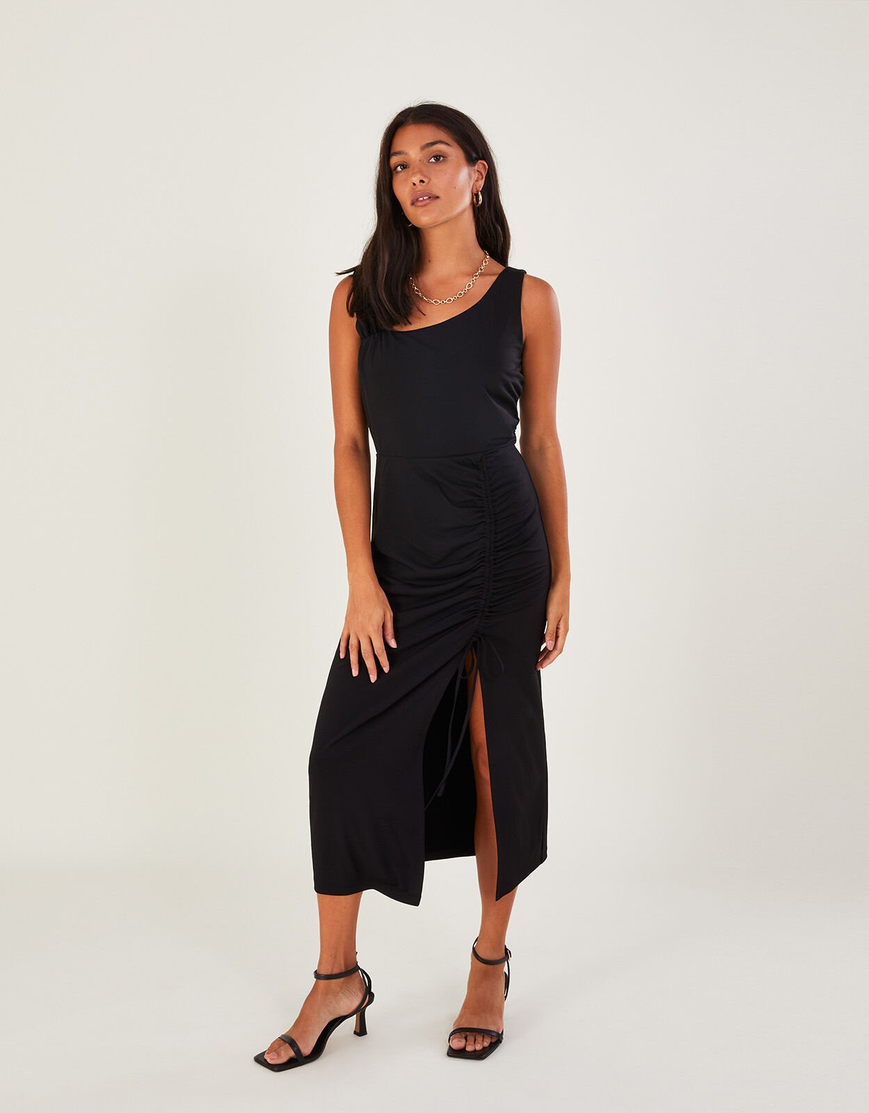 Sleeveless Ruched Midi Jersey Dress Black