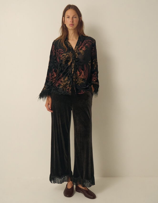 Dora Faux Feather Floral Devor&eacute; Shirt, Black (BLACK), large