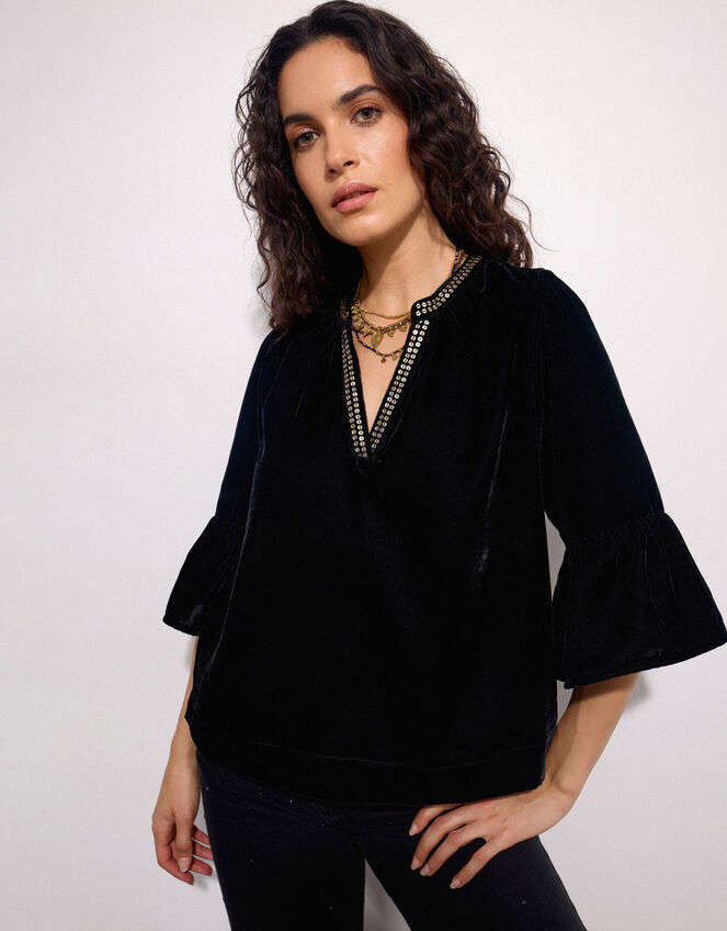 East Nelly Velvet Flute Sleeve Top, Black (BLACK), large