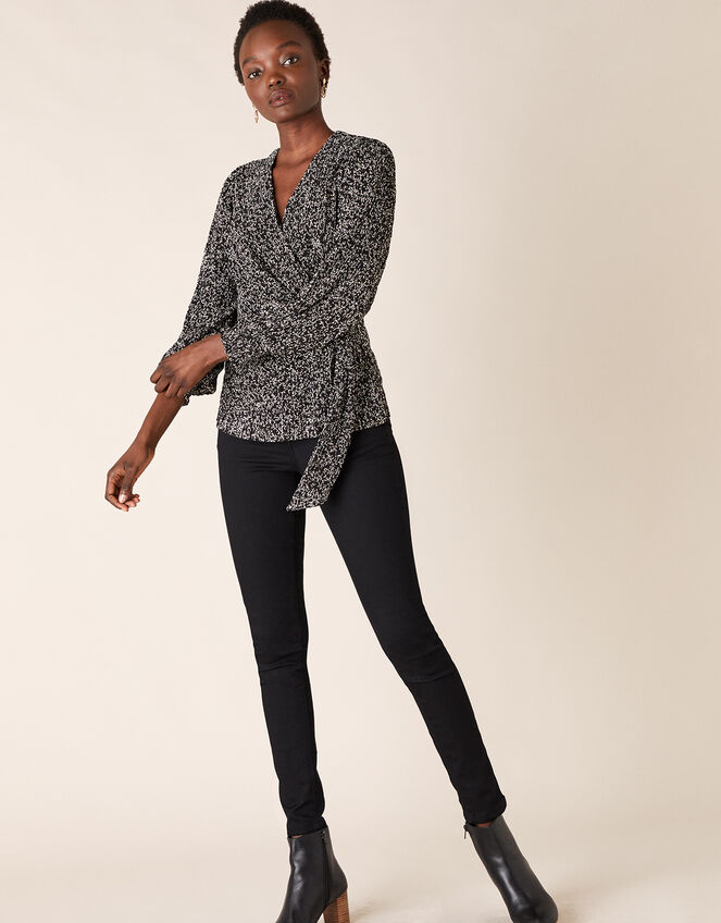 Printed Jersey Plisse Wrap Top, Black (BLACK), large