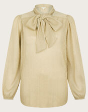 Pree Sparkle Plisse Pussybow Blouse, Gold (GOLD), large