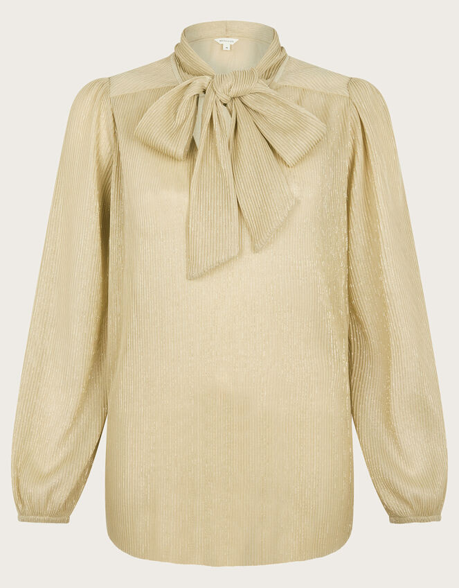 Pree Sparkle Plisse Pussybow Blouse, Gold (GOLD), large