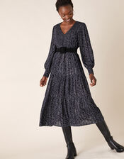 Animal Shirred Midi Dress, Grey (GREY), large