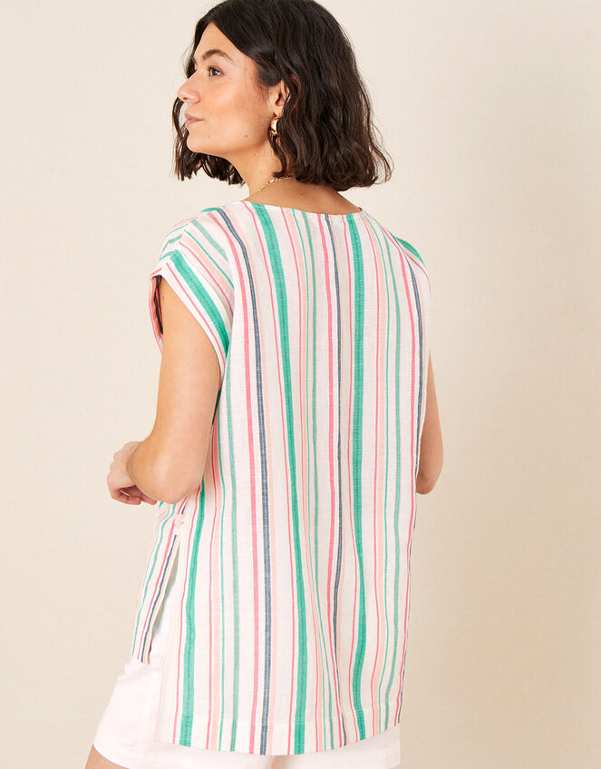 Stripe Print Top in Linen Blend, White (WHITE), large