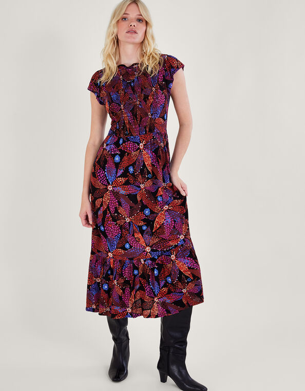 Shirred Floral Dress in LENZING™ ECOVERO™, Black (BLACK), large