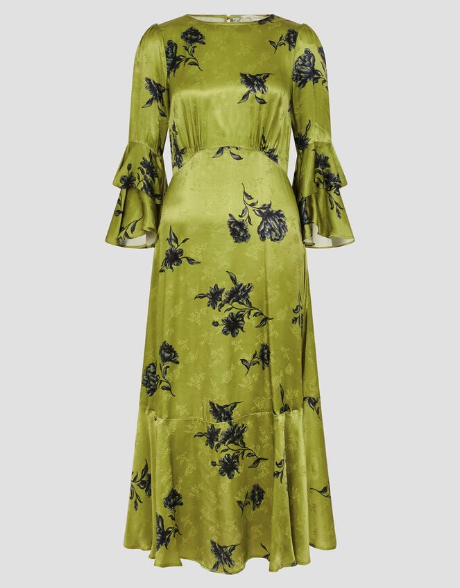 Pelia Satin Ruffle Midi Dress, Green (CHARTREUSE), large