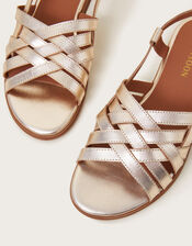 Metallic Leather Cross Weave Sandals, Gold (GOLD), large