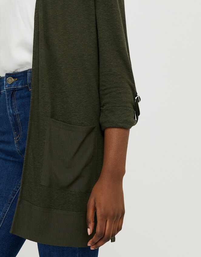 Carrie Woven Cardigan in Linen Blend, Green (KHAKI), large