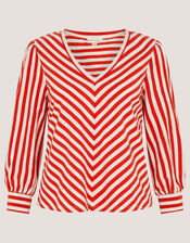 Shayla V-Neck Stripe Jersey Top, Ivory (IVORY), large