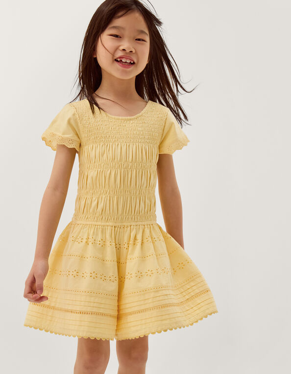 Smocked Broderie Playsuit, Yellow (YELLOW), large