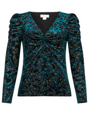 Sadie Animal Stretch Velvet Devore Top, Teal (TEAL), large