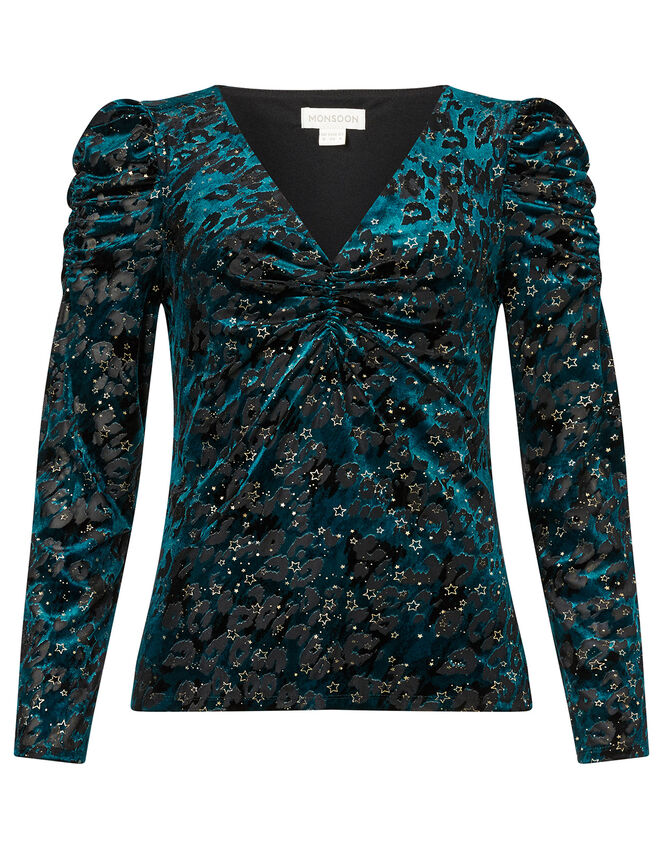 Sadie Animal Stretch Velvet Devore Top, Teal (TEAL), large