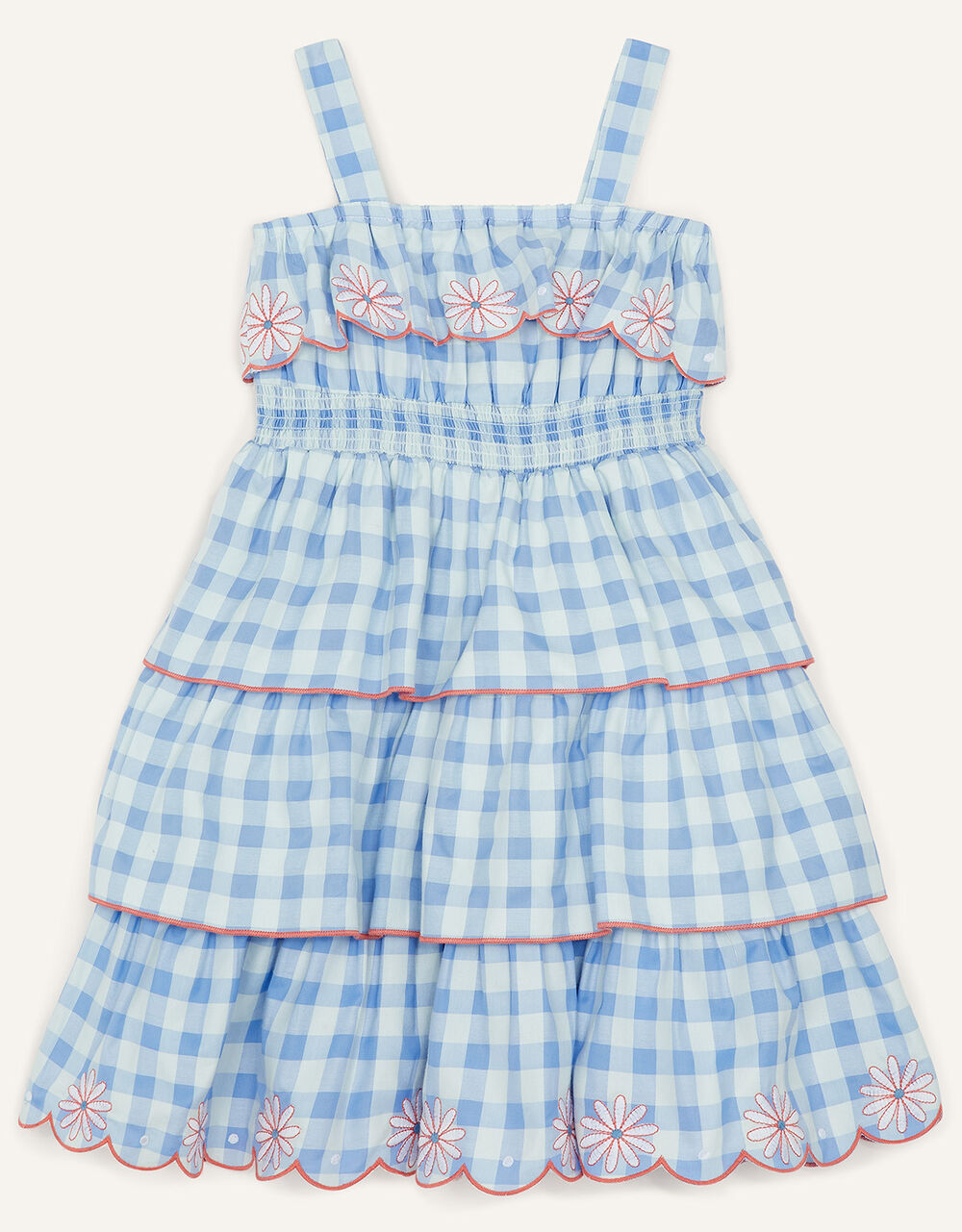 Children Girls 3-12yrs | Strappy Gingham Embroidered Tiered Dress Blue - LH51634