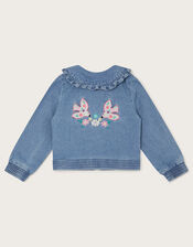 Embroidered Denim Bomber Jacket, Blue (BLUE), large