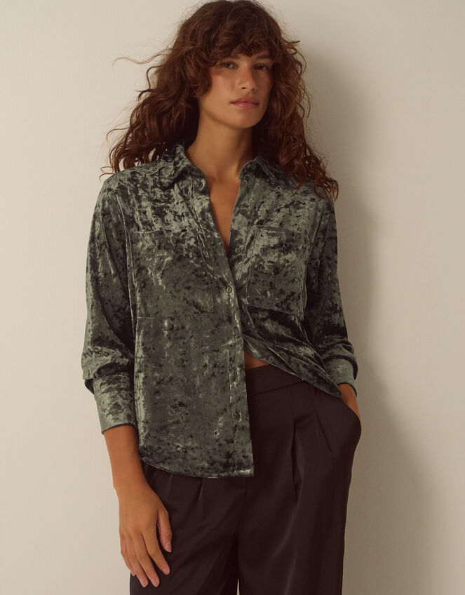 Ola Oversized Velvet Shirt, Green (KHAKI), large