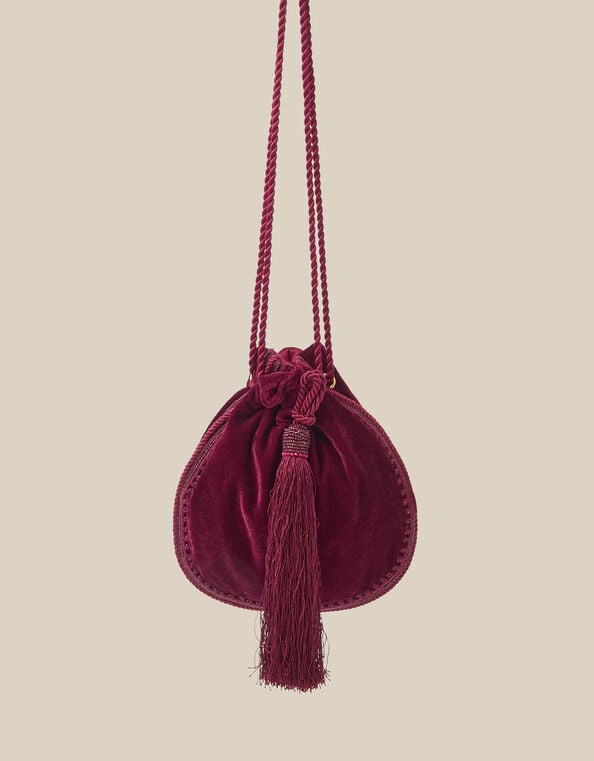 Hope Tassel Velvet Pouch Bag, Red (BURGUNDY), large