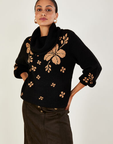 Jacquard Flower Beaded Jumper with Recycled Polyester, Black (BLACK), large