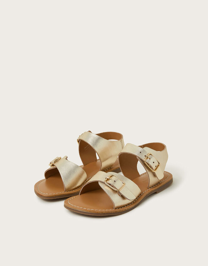 Metallic Leather Buckle Strap Sandals, Gold (GOLD), large