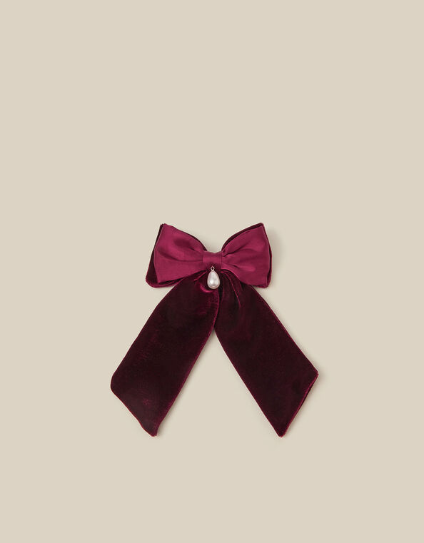 Pearl Charm Velvet Bow Hair Clip, , large