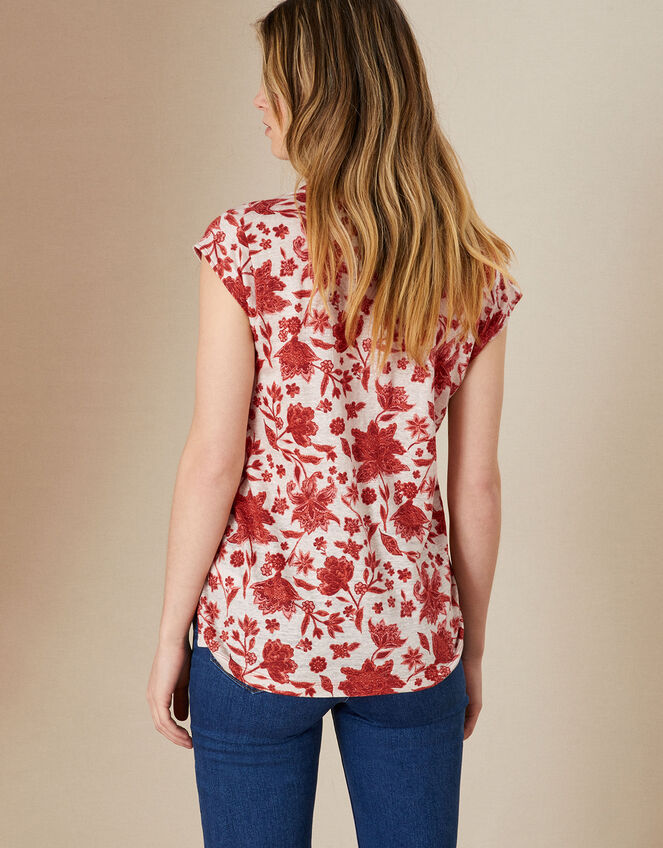 Floral Jersey Linen Short Sleeve T-Shirt, Red (RED), large