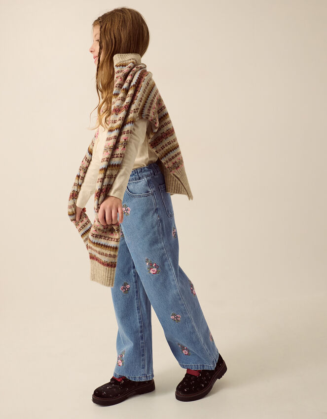 Floral Embroidered Wide Leg Jeans, Blue (BLUE), large