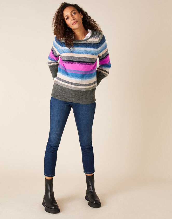 Button Shoulder Stripe Knit Jumper, Blue (BLUE), large
