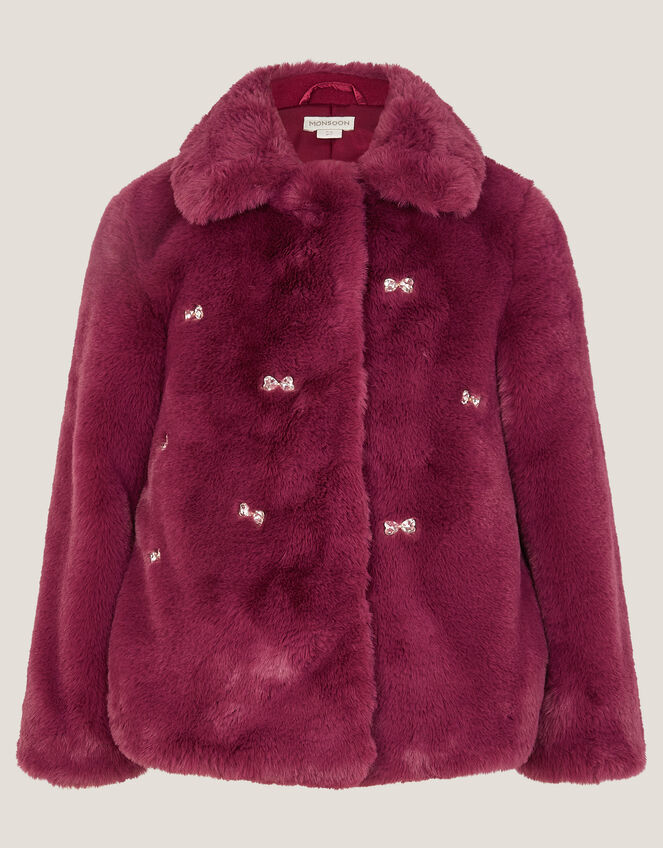 Bow Embellished Faux Fur Coat, Red (BURGUNDY), large