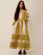 East Alana Hand-Woodblock Tonal Check Striped Midi Dress, Yellow (YELLOW), large
