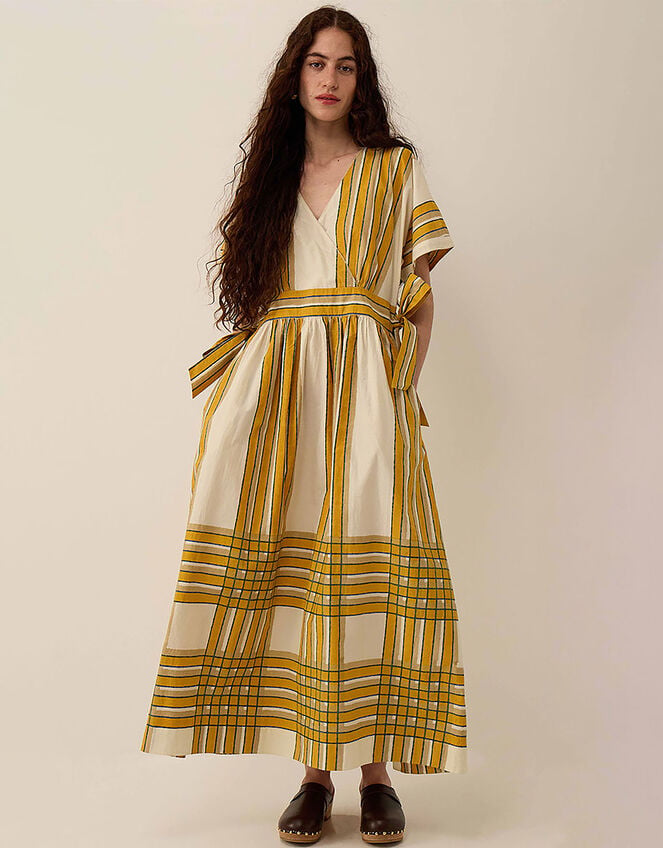 East Alana Hand-Woodblock Tonal Check Striped Midi Dress, Yellow (YELLOW), large