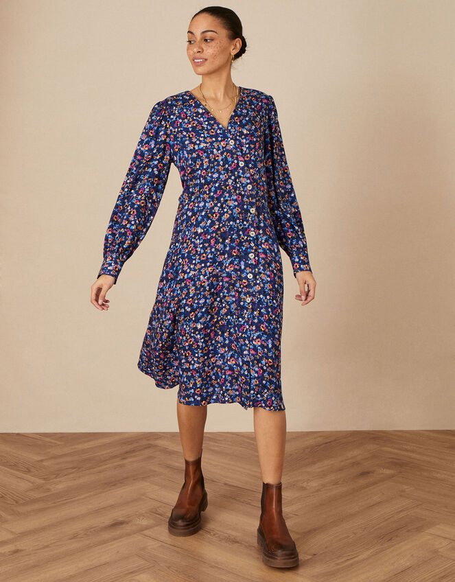 Heather Ditsy Print Wrap Dress, Blue (BLUE), large