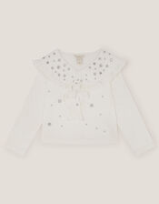 Embellished Broderie Sailor Collar Top, Ivory (IVORY), large