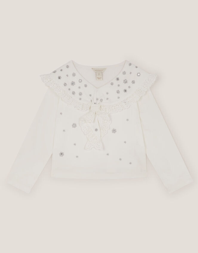 Embellished Broderie Sailor Collar Top, Ivory (IVORY), large