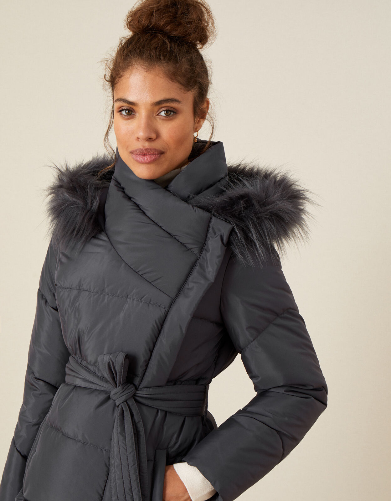Padded Faux Fur Hooded Coat Grey