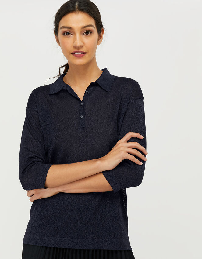 Hannah Henley Collar Top, Blue (NAVY), large