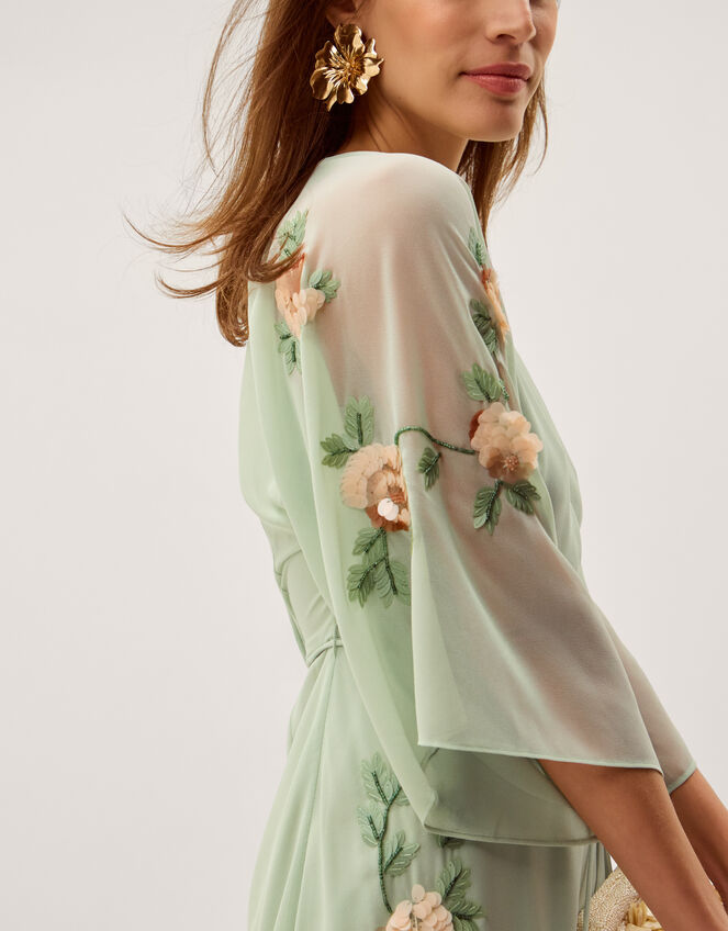 Clara Floral Embellished Midi Wrap Dress, Green (SAGE), large