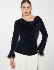 Fay Velvet Feather Sleeve Cowl Top, Black (BLACK), large